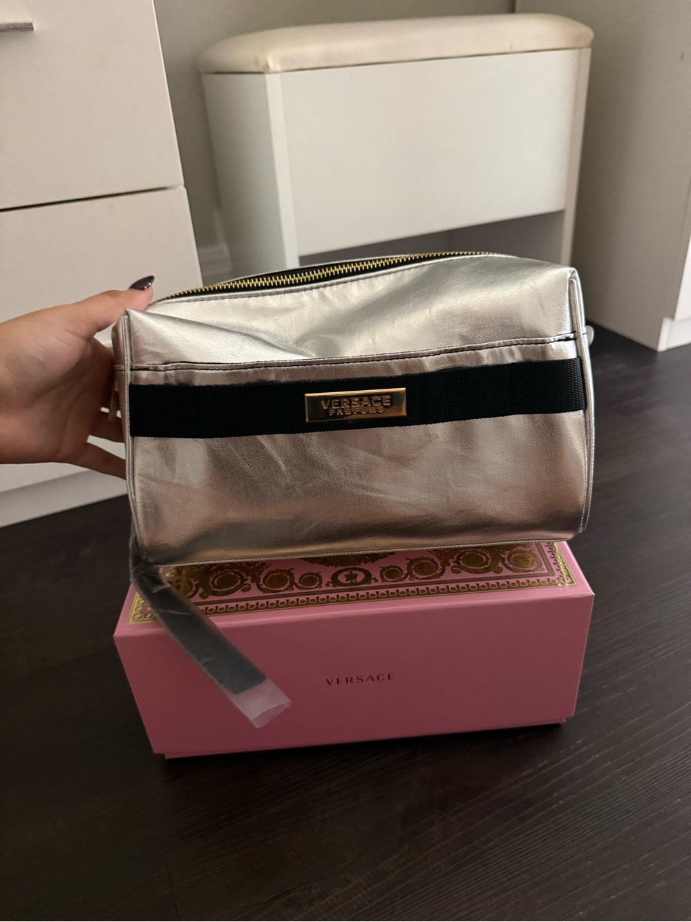 Versace Silver Metallic Zip Cosmetic Case with Black Band